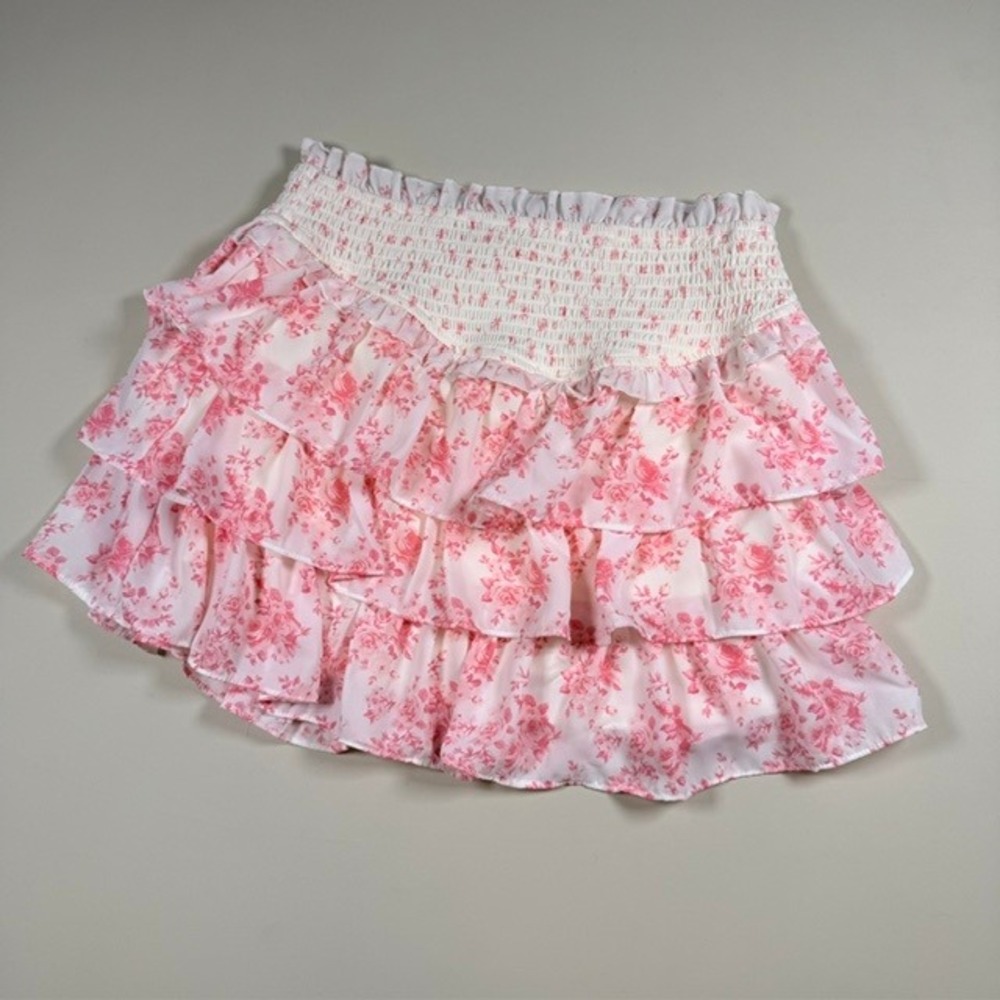 Pink Floral Ruffle Mini Skirt Smocked Waist Tiered Chiffon Rose Print Large